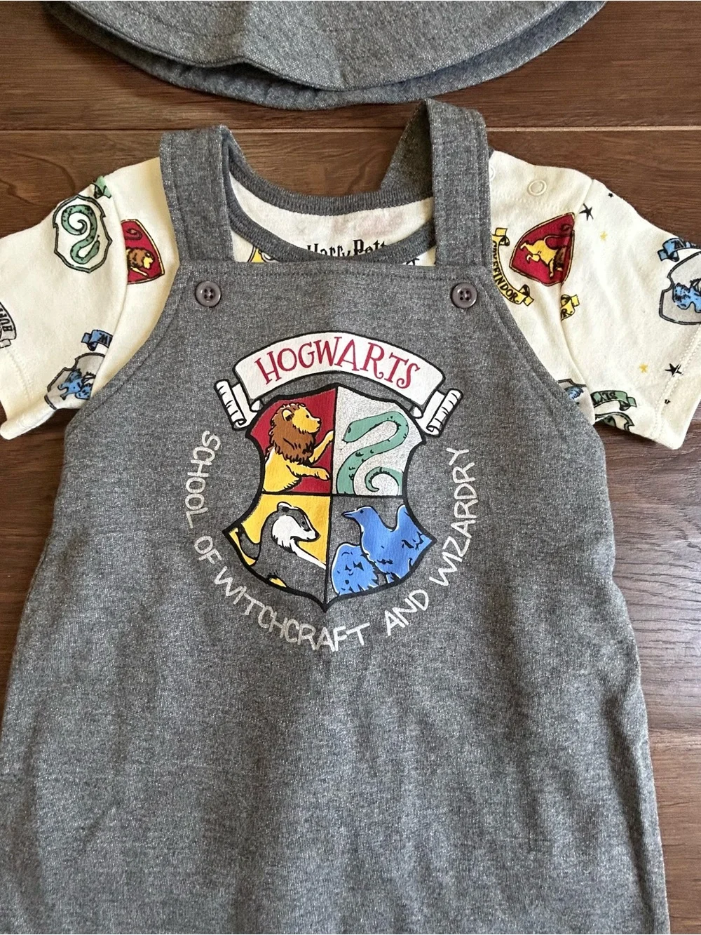 Harry Potter French Terry Short Overalls, T-Shirt, Hat Set 24m